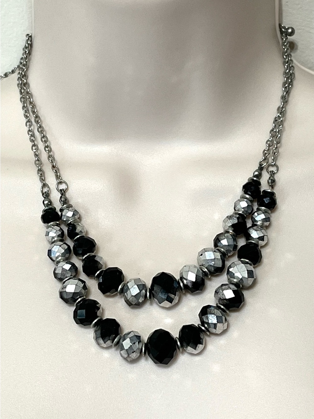 Double Strand Black & Silver Glass Beaded statement Necklace